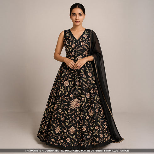 Thread Sequins Embroidered Georgette Fabric- F3936